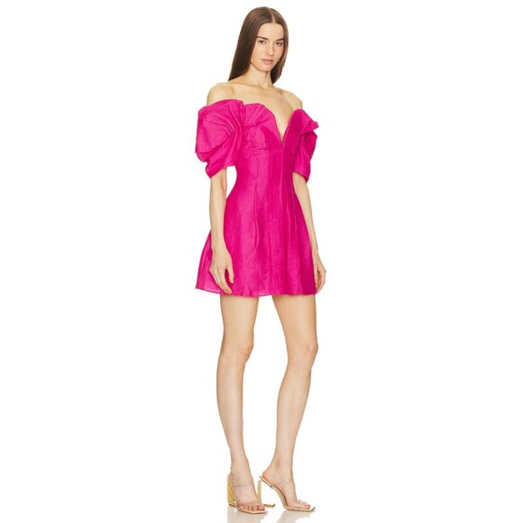 Cult Gaia Asal Mini Dress In Pink Off-Shoulder Plunge Neck Puff Sleeves Sz 8 - Picture 2 of 11